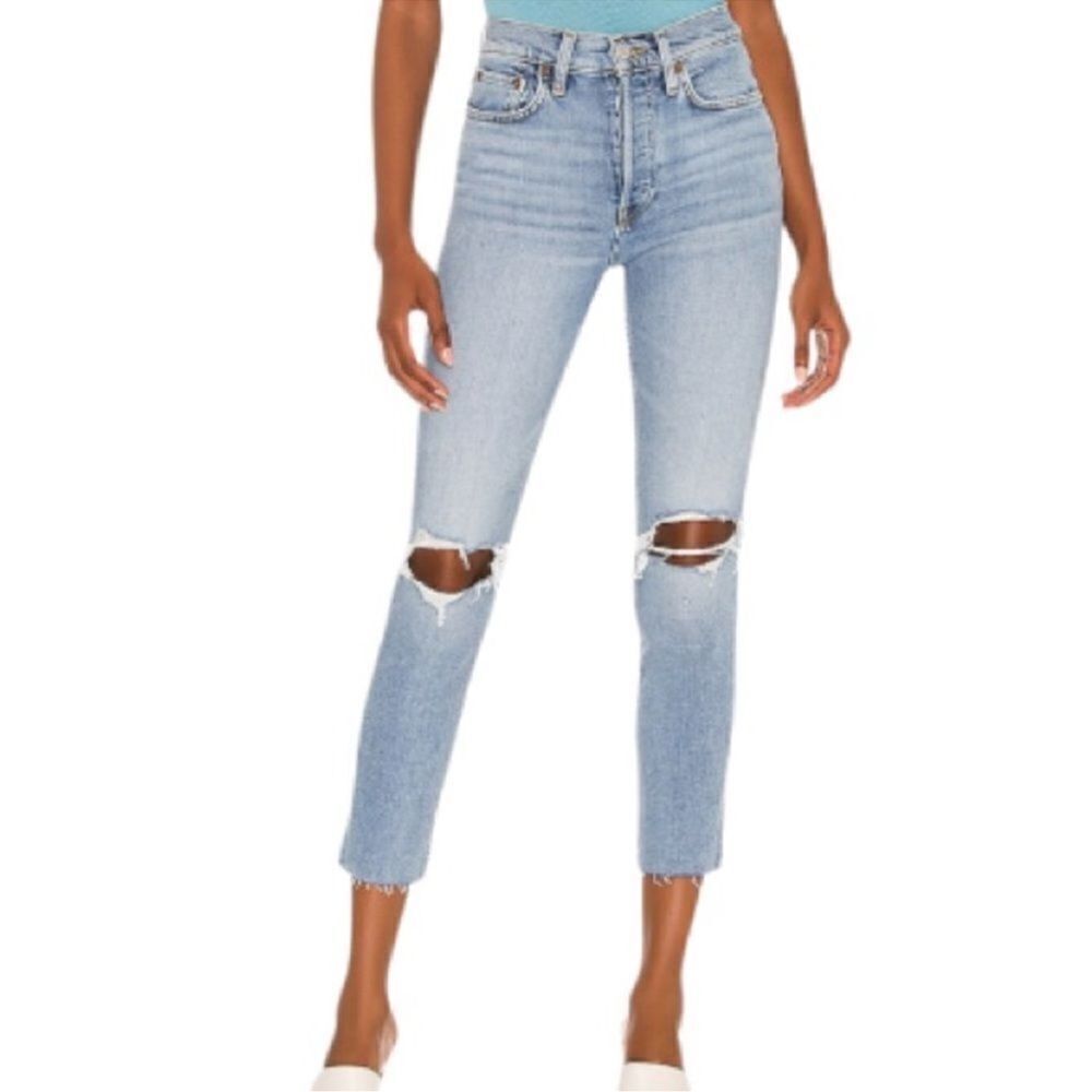 REDONE Originals High Rise 90’s Ankle Crop Stretch distressed button fly Jean 30